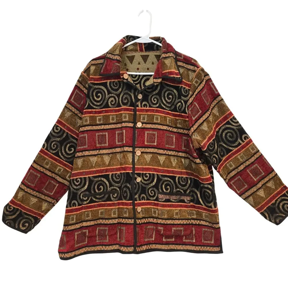 Vintage 2X Tally-Ho REVERSIBLE Geometric Art Tapestry Button-up Collared Jacket - Picture 3 of 14